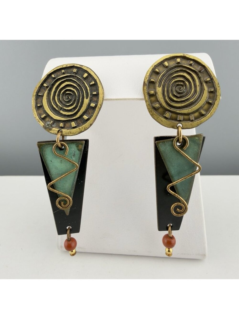 Vintage Artisan Copper Mixed Media Dangle Earrings Rustic Boho Statement